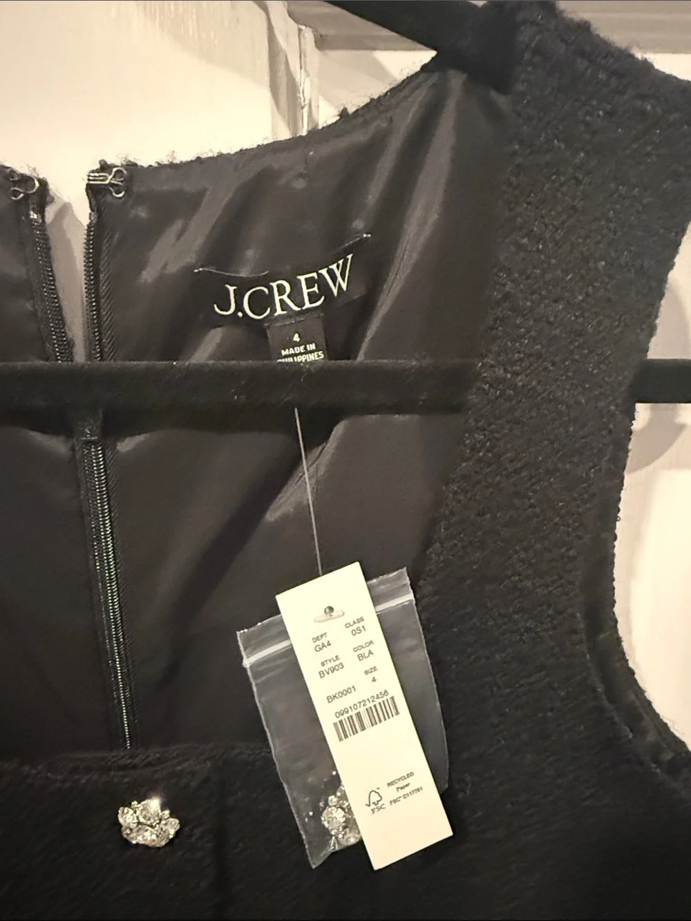J. Crew Black Tweed Sleeveless Button-Front Mini Dress